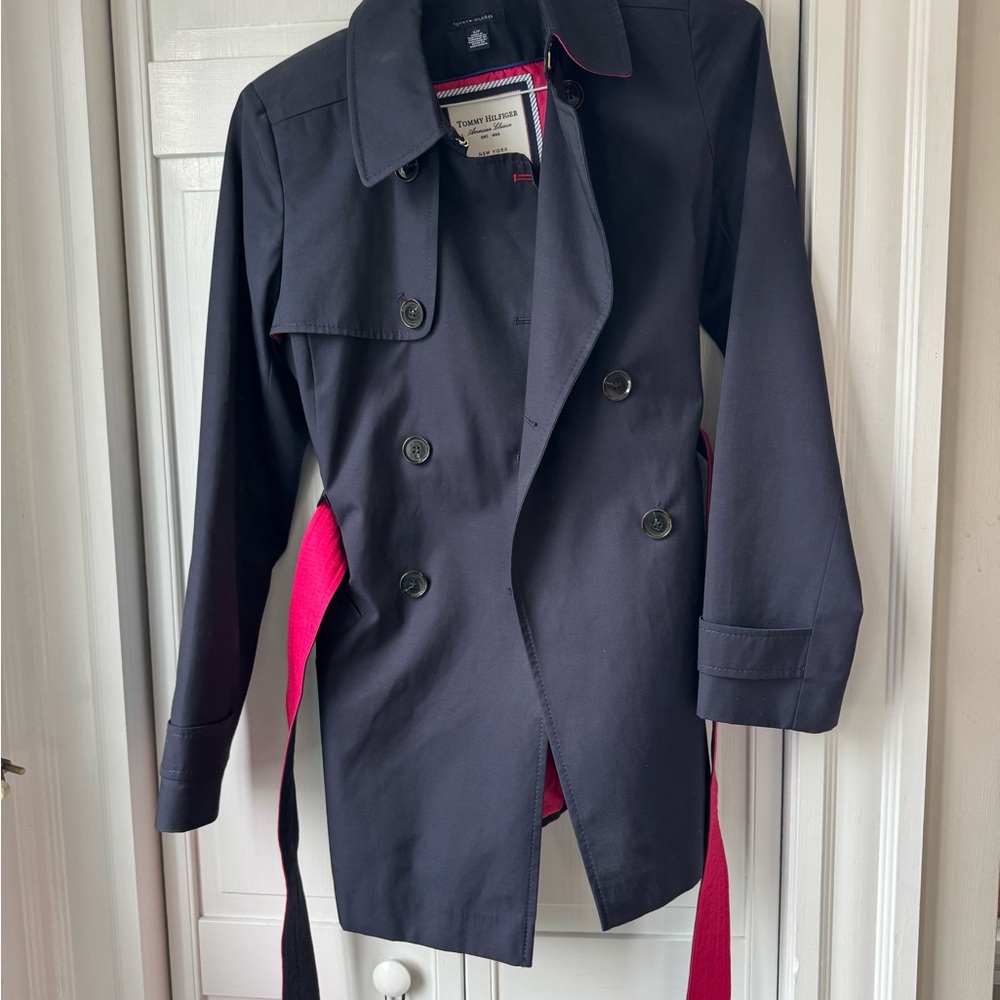 Women's Navy blue Trench Coat with Pink Accents